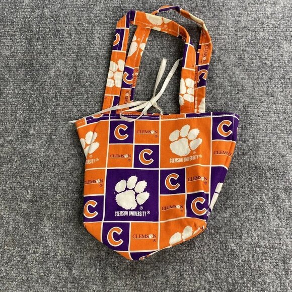 Clemson Tigers Tote Handbag Handmade Handles Ribbon Tie‎ Close Cloth Orange - Picture 2 of 7